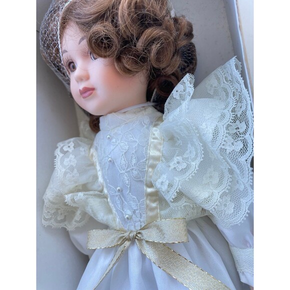Other - Vintage porcelain doll in white lace-dress red hair new in box kid toys 18” tall